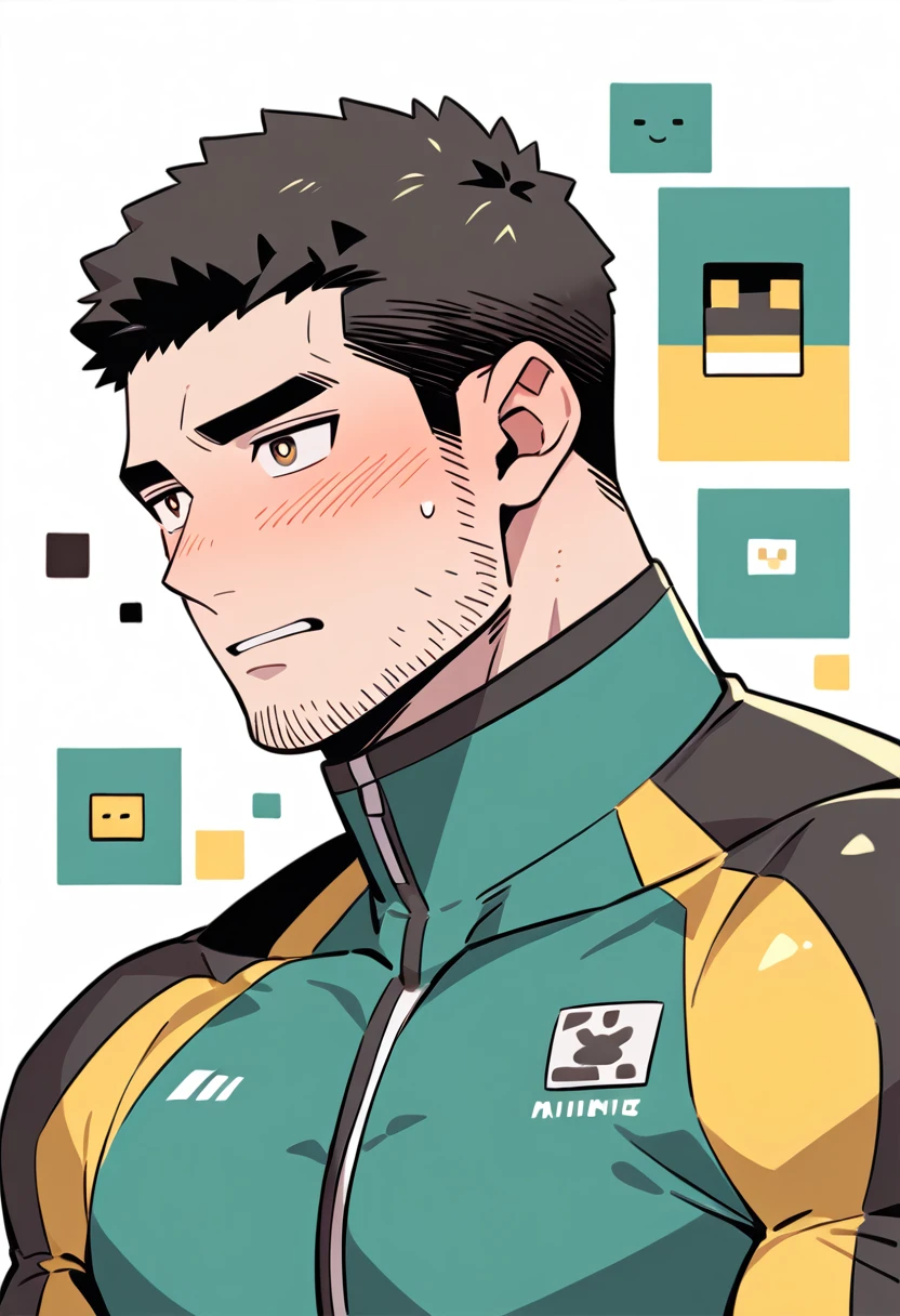 anime characters:Chris Redfield, Muscle Sports Student, Buzz Cut, Manliness, male focus, Yellow and black striped high collar long sleeve tights, Wear a black high-necked tights inside, Very tight, Regular symmetrical pattern, full and perky chest muscles, muscular male, muscular, only, Upper body, alone, Red short hair, Thick eyebrows, stubble, Brown-red pupils, White background, simple background, amazing quality, best aesthetics, Ridiculous, crew cut, parted lips, flustered, endured face, shy, blush, negative space, best quality