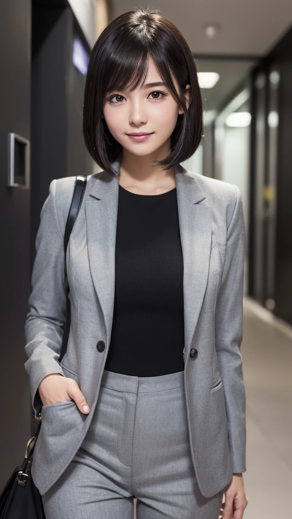 (perfect anatomy:1.2)(absurdres, highres, ultra detailed),masterpiece,best quality,high resolution,8k,Realistic face,Realistic skin texture,magnified textures, stunning clarity,detailed anime girl,(ultra detailed eyes and face),(1 girl:1.2)21years old,she is office worker,,smile:1.2,black hair, bob cut,natural make,grey jacket and pants,black brouse,,sparkling eyes.small nose,roundface、just left the office when it was time to leave,night,japanese
