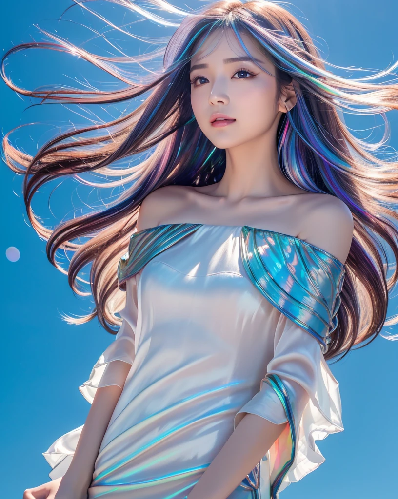 (Highest quality, 32K, High resolution, Masterpiece:1.5), marimo_jet, god々A photograph with brilliant dazzling and healing power., Evoking a sense of calm and elusive beauty, Expressing emotions, Have a rich imagination,Beautiful Japanese Girls, An exceptionally beautiful face, ((Low angle forward leaning:1.3)), Small Face Beauty, Perfect Human Anatomy, Magical big eyes, Motherhood and generosity, Deep Love, fleeting smile, ((Iridescent gradient hair:1.4)), ((Super Long Straight Silk Hair:1.3)), Asymmetrical bangs, Hair between the eyes, Transparent, soft white skin, Sharp eyebrows, Thin lashes, Natural Makeup, Cheek highlighter, Pale pink detailed lips, ((Blue Off Shoulder Dress:1.3)), High resolutionの完璧な鎖骨, High resolutionの美しい胸元, Slim figure with ample breasts, High resolutionの美しい太もも, ((Detailed blue sky background:1.2)), Professional Lighting, Professional photographer, Professional models, god秘的