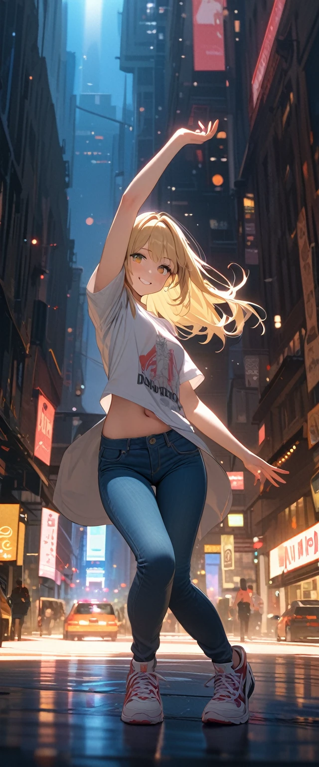 (masterpiece:1.2, Highest quality,High resolution,Super detailed),8k,wallpaper,(Written boundary depth),(Sophisticated lighting),(Improving cinematic lighting quality),(Jacket),(Pop T-shirt),(jeans),(sneakers),White women,Dancer,Dancing in New York,(blonde),(((front))),(((whole body:1.5))),(smile),((Fine hand)),((Beautiful female hands)),The background is the Statue of Liberty,(((hands)))