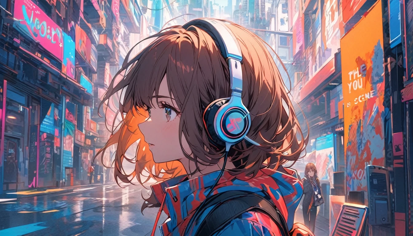 Girl wearing headphones,Brown Hair,1 person,bright,Detailed Background,The scene is up to you