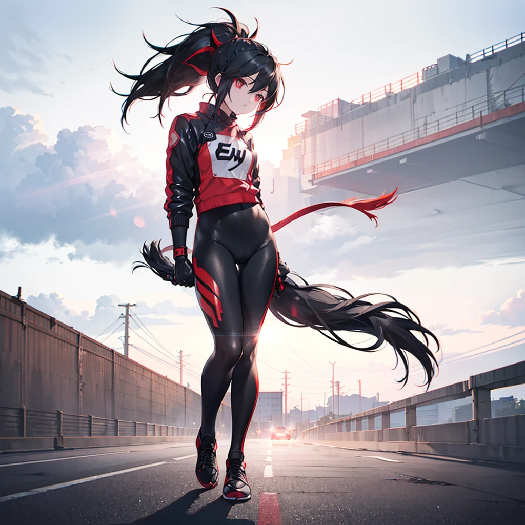 ((((Female rider、drive、forward leaning posture Full Body Tights、Black Red Motorcycle、get on)))) (((Black Hair、ponytail、Blowing in the Wind Bright red eyes))) ((Expressway、Light、Light)) Shining Edge Shining Background