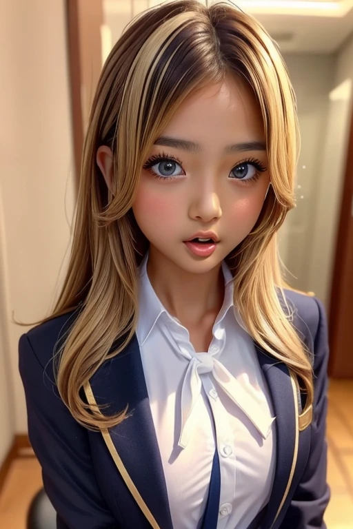 one girl, (((Open your mouth)))、whisper、uniform、Beautiful breasts、 Brown eyes, ((Gal Hairstyles)) blonde, girl, (Eye and facial details:1.0), break, (masterpiece, Highest quality, Very detailed, Detailed face, 8k)