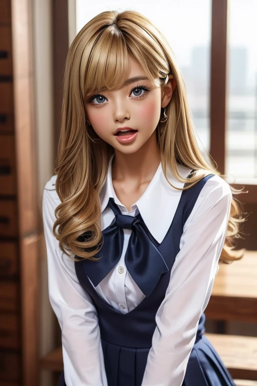 one girl, (((Open your mouth)))、whisper、uniform、Beautiful breasts、 Brown eyes, ((Gal Hairstyles)) blonde, girl, (Eye and facial details:1.0), break, (masterpiece, Highest quality, Very detailed, Detailed face, 8k)