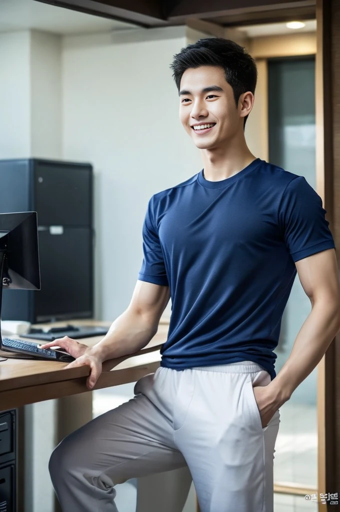 Korean man, Inspiration from Peng Yuyan, 23 years old, Korean muscular man ，The computer room is in the back, tight sports t-shirts, navy blue., open mouth smile