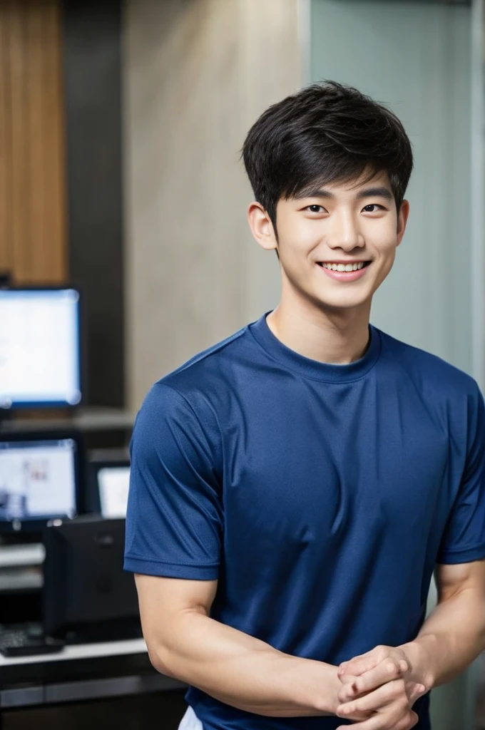 Korean man, Inspiration from Peng Yuyan, 23 years old, Korean muscular man ，The computer room is in the back, tight sports t-shirts, navy blue., open mouth smile