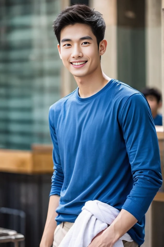 Korean man, Inspiration from Peng Yuyan, 23 years old, Korean muscular man ,The computer room is in the back, tight sports t-shirts, navy blue., open mouth smile