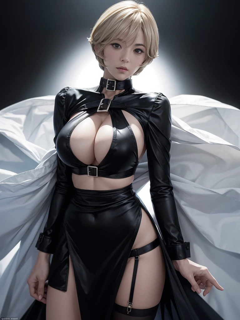 Very short hair, (masterpiece、Highest quality、Official Art), Neck up, View from the front, Looking at the audience:1.5, topless, Underless, White jacket:1.2, Black long boots, Black garter belt, (Black bondage suit:1.2), Black collar, Black choker, Glowing Skin, Realistic:1.9, Very detailed, Full Body Shot:1.2, Cleave, Belly button pussy, Expose the center of the body, High resolution, full color photos, High detail, Extremely realistic detail, Ultimate realistic texture, Ultimate in exquisite detail, Professional photos, Sexy portrait of a girl, Voluptuous bust, Tight waist, Cleavage, Trained abdominal muscles, Big Ass,Complete the whole body, Full body image, No underwear, Highest quality, ((background:city:1.4)), Suzune, Suzune's clothes