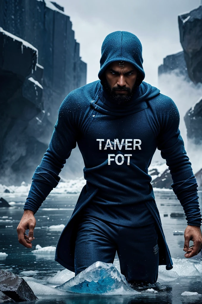 The center of the image features the text "TANVIR" in bold BLUE letters. The overall tone of the image is dramatic and intense, highlighting the characters in action-ready poses. The image has a cinematic quality, reflective of the iconic cold and ice theme.