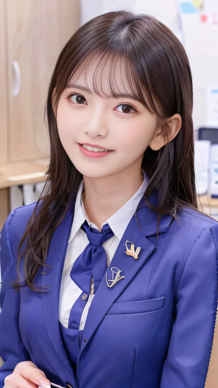 Highest quality:1.2), RAW Photos, High resolution, Very detailed, Intricate details, Wavy Hair、、ear piercing、smile、Beautiful teeth alignment、Black Hair、 Clear beauty, (High quality fabric, Office Lady Suit 、Necklace around the neck、, The background is the office
