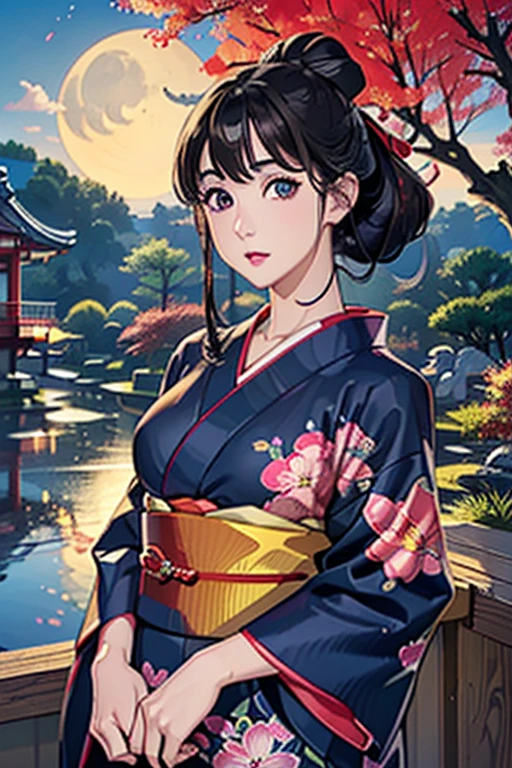 (Highest quality、 8k wallpaper、masterpiece、High resolution)、Vibrant colors、Ample breasts、Black hair in a Japanese round topknot、Beautiful girl in yukata、(Highly detailed face and eyes、Beautiful Face、Beautiful Eyes、Beautiful nose、Pretty lips)、A friendly gaze、Highly detailed background、Japanese garden、moonlight、Autumn scenery、Cowboy Shot、Official Art、