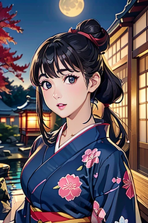 (Highest quality、 8k wallpaper、masterpiece、High resolution)、Vibrant colors、Ample breasts、Black hair in a Japanese round topknot、Beautiful girl in yukata、(Highly detailed face and eyes、Beautiful Face、Beautiful Eyes、Beautiful nose、Pretty lips)、A friendly gaze、Highly detailed background、Japanese garden、moonlight、Autumn scenery、Cowboy Shot、Official Art、