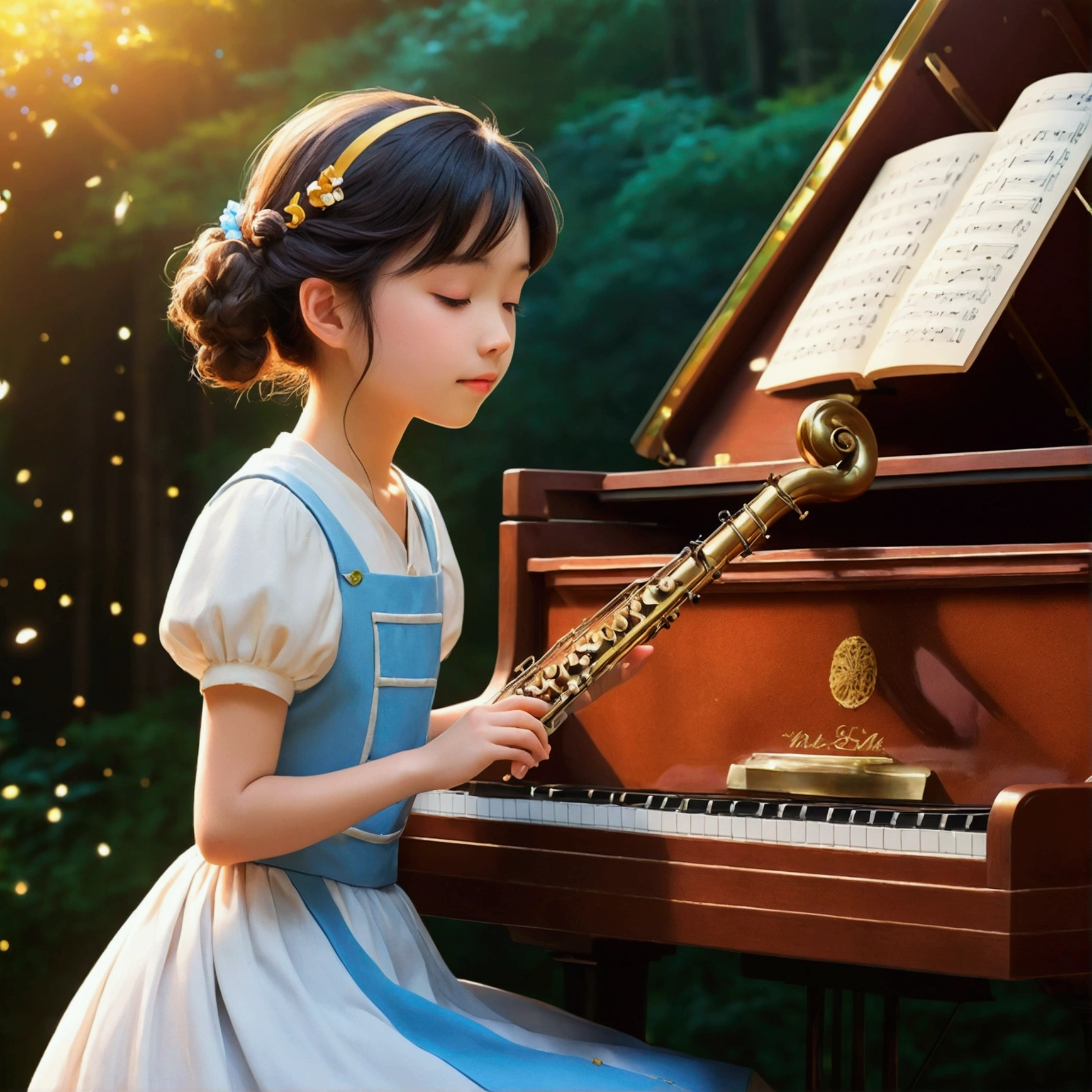 A girl playing a beautiful tune, Highest quality, Sparkle Effect, Ghibli-style images