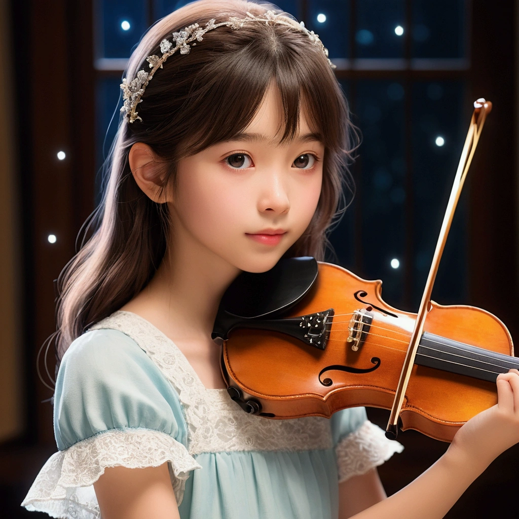A girl playing a beautiful tune, Highest quality, Sparkle Effect, Ghibli-style images