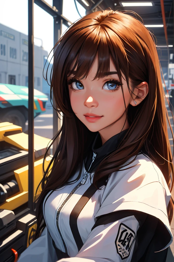 zoom in face, close-up, portrait, futuristic girl in a mechapunk hangar, (work of art, best qualityer, ultra detali, high resolution, 4K),(beautiful detailed eyes),(very highly detailed face),(1 girl),HDR,long hair, Shorts, phone, eyes browns, chestnut hair, bracelet, regatta, to attend, lips, focus only, glaze, Blurry background, ssmile, wristto attend, realisitic, Blurry, looking ahead at viewer