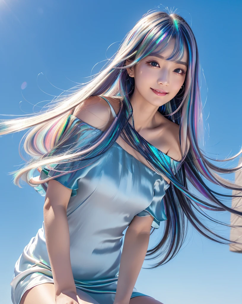 (Highest quality, 32K, High resolution, Masterpiece:1.5), marimo_jet, god々A photograph with brilliant dazzling and healing power., Evoking a sense of calm and elusive beauty, Expressing emotions, Have a rich imagination,Beautiful Japanese Girls, An exceptionally beautiful face, ((Low angle forward leaning:1.3)), Small Face Beauty, Perfect Human Anatomy, Magical big eyes, Motherhood and generosity, Deep Love, fleeting smile, ((Iridescent gradient hair:1.4)), ((Super Long Straight Silk Hair:1.3)), Asymmetrical bangs, Hair between the eyes, Transparent, soft white skin, Sharp eyebrows, Thin lashes, Natural Makeup, Cheek highlighter, Pale pink detailed lips, ((Blue Off Shoulder Dress:1.3)), High resolutionの完璧な鎖骨, High resolutionの美しい胸元, Slim figure with ample breasts, High resolutionの美しい太もも, ((Detailed blue sky background:1.2)), Professional Lighting, Professional photographer, Professional models, god秘的