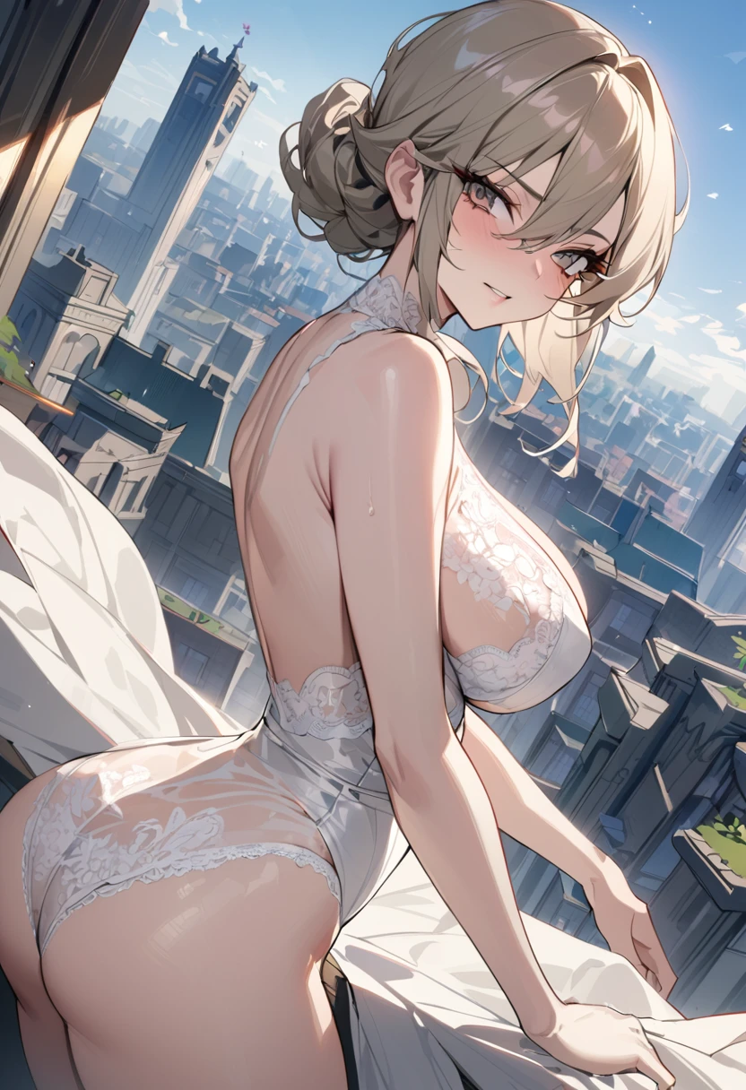 tmasterpiece， Best quality at best， Taupe eyes， Prom hairstyle， Disturbed_face， Fair and rosy skin， mediuml breasts，thick thight， big breasts thin waist，   view over city， looki at viewer， ， Dutch angle，White sheer lace-trimmed panties，Semi-naked body, (link:1.5), legend of zelda, GS-Womanly 