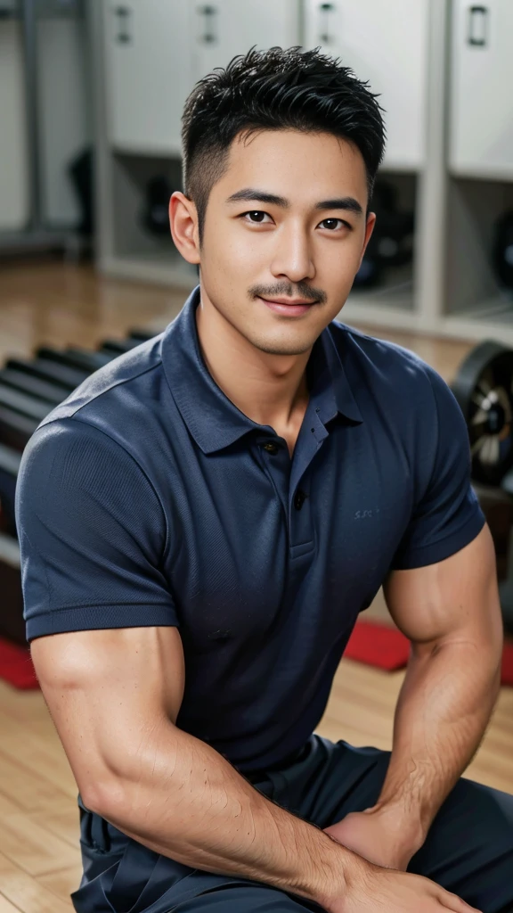 Masterpiece, best quality, high resolution, realistic, handsome, Take beautiful photos, A photo of a 35-year-old Gym Association member sitting on the floor. (The man has a thin mustache.) ,Full body, Portrait, Standing in the locker room, make military media, weight, Amazing , Buzzcut short hair,stubble head , (Hyper Muscle),looking at the audience, Flirt with the camera, charming, (Tight navy blue polo shirt Cargo pants ),(GS-Male:1), 8k,Bokeh,Portrait,look at the viewer, smile