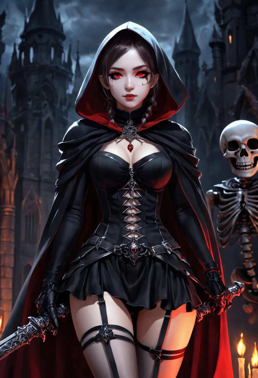 anime 4k a beautiful girl in a black cloak, a black hood, against the backdrop of the dark kingdom of evil and around the girl there are two skeleton guards
A girl with red eyes and a thoughtful smile in stockings with garters in her hands, she has a large braid - her weapon has a little bit of on the sharp end
