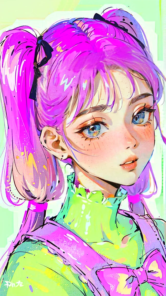 (Portraiture:1.4), (masterpiece:1.2, Highest quality:1.2), From above, Upper Body, One girl, look up, Face Focus, Highly detailed face, Very fine grain, good looking, compensate, ((pink pigtails)), ribbon hairpiece, sharp eyes, Fashion Wear, Earrings,