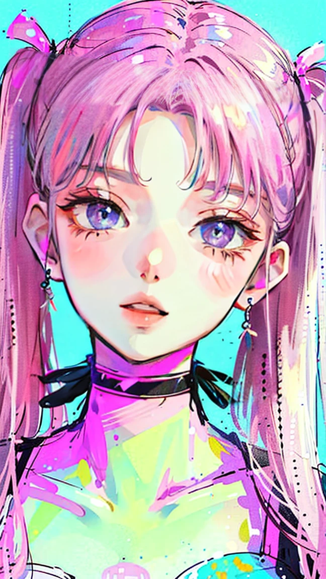 (Portraiture:1.4), (masterpiece:1.2, Highest quality:1.2), From above, Upper Body, One girl, look up, Face Focus, Highly detailed face, Very fine grain, good looking, compensate, ((pink pigtails)), ribbon hairpiece, sharp eyes, Fashion Wear, Earrings,