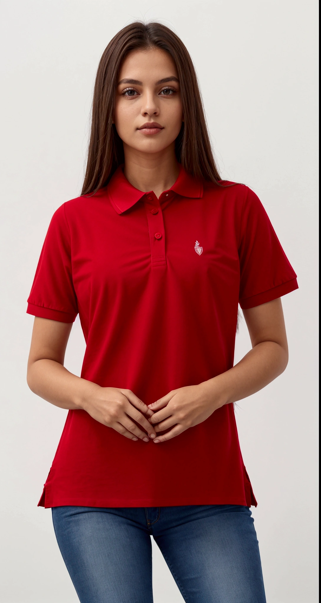 a woman in a vermelho shirt polo and jeans posing for a picture, vestindo camisa polo, manga curta, vermelho shirt, vermelho uniform, vermelho, vermelho t-shirt, only vermelho colour, wearing vermelho attire, collavermelho shirt, simples, wearing vermelho formal attire, wearing vermelho clothes, Carmesim, vermelho clothes, vermelho only, vermelho sport clothing, Escarlate, coral vermelho