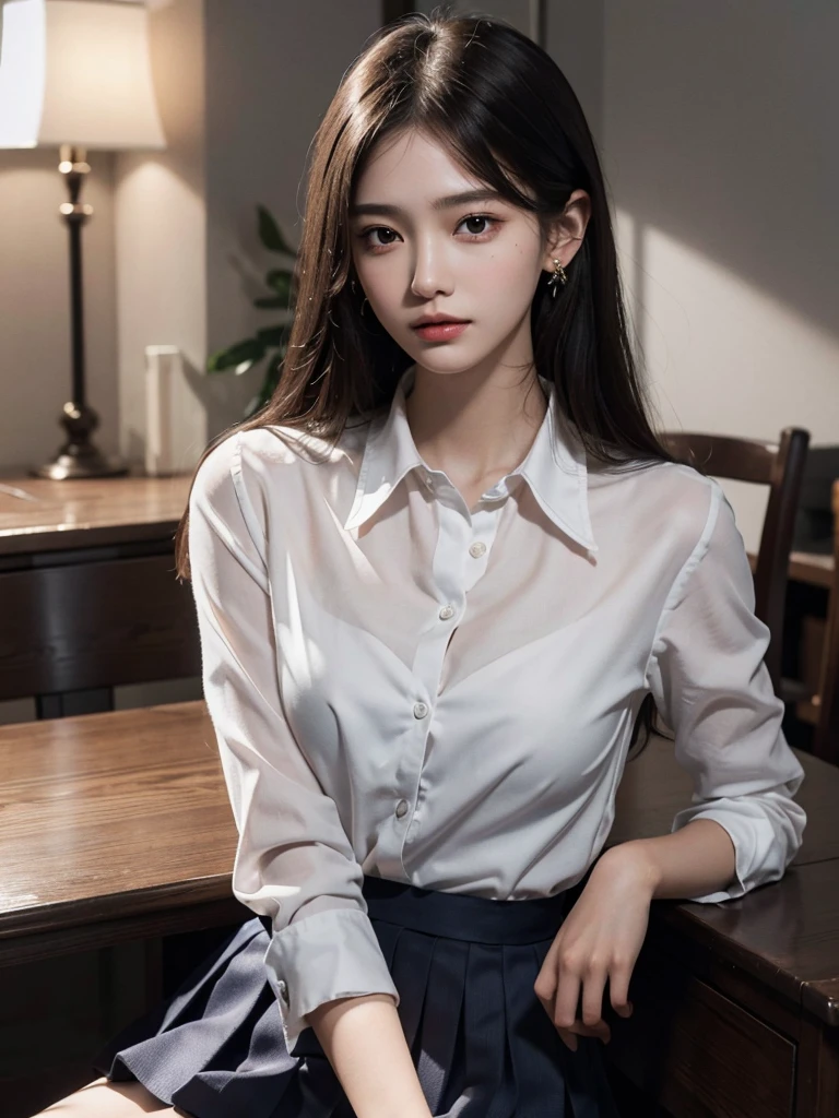absurdres, RAW photo, extremely delicate and beautiful, masterpiece, Best Quality, ultra high resolution, 32k, hyperrealistic, ultra-detailed, perfect anatomy, super Detailed skin, perfect figure, Super Beauty, Perfect Style, Perfect balance, Beautiful Lighting, Perfect Lightning, Realistic Shadows, 20 years old, very Slim body, narrow waist, very small head, very small face, delicate facial features, handsome detailed woman, very detailed eyes and face, realistic face proportions, Realistic beautiful face, Realistic beautiful eyes, tearful mole, earring, very huge round breasts, legs, medium hair, whole body shot, indoor, school_uniform, dress shirt, pleated skirt,