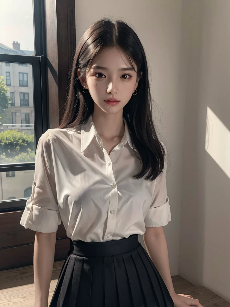 absurdres, RAW photo, extremely delicate and beautiful, masterpiece, Best Quality, ultra high resolution, 32k, hyperrealistic, ultra-detailed, perfect anatomy, super Detailed skin, perfect figure, Super Beauty, Perfect Style, Perfect balance, Beautiful Lighting, Perfect Lightning, Realistic Shadows, 20 years old, very Slim body, narrow waist, very small head, very small face, delicate facial features, handsome detailed woman, very detailed eyes and face, realistic face proportions, Realistic beautiful face, Realistic beautiful eyes, tearful mole, earring, very huge round breasts, legs, medium hair, whole body shot, indoor, school_uniform, dress shirt, pleated skirt,
