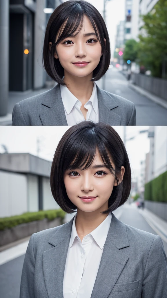 (perfect anatomy:1.2)(absurdres, highres, ultra detailed),masterpiece,best quality,high resolution,8k,Realistic face,Realistic skin texture,magnified textures, stunning clarity,detailed anime girl,(ultra detailed eyes and face),(1 girl:1.2)21years old,she is office worker,,smile:1.2,black hair, bob cut,natural make,grey jacket and pants,black brouse,,sparkling eyes.small nose,roundface、just left the office when it was time to leave,night,japanese bussines district