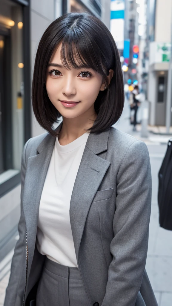 (perfect ???????:1.2)(absurdres, highres, ultra detailed),masterpiece,best quality,high resolution,8k,Realistic face,Realistic skin texture,magnified textures, stunning clarity,detailed anime girl,(ultra detailed eyes and face),(1 girl:1.2)21years old,she is office worker,,smile:1.2,black hair, bob cut,natural make,grey jacket and pants,black brouse,,sparkling eyes.small nose,roundface、just left the office when it was time to leave,night,japanese bussines district