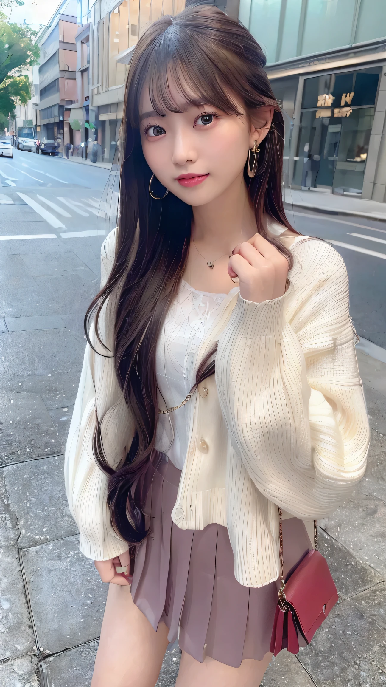 (8K、Raw photography、top-quality、masterpiece:1.2)、(realisitic、Photorealsitic:1.37)、ultra-detailliert、超A high resolution、1 fair-skinned girl、beautifull detailed face、In the street、full body Esbian、poneyTail、hand bag、Cardigan、flered skirt、(glowing earrings)、a smile