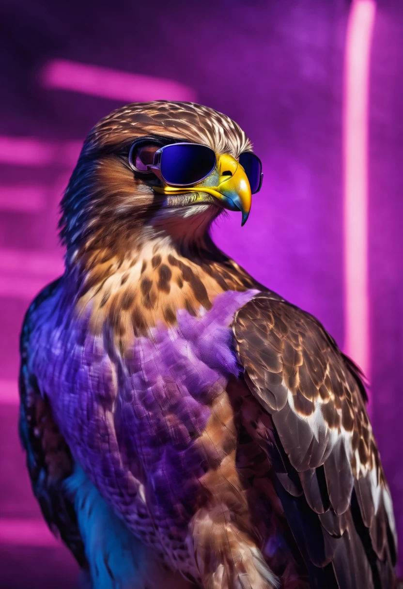 Strong and busty female hawk bird wearing sunglasses pointing finger at camera, image with purple lighting