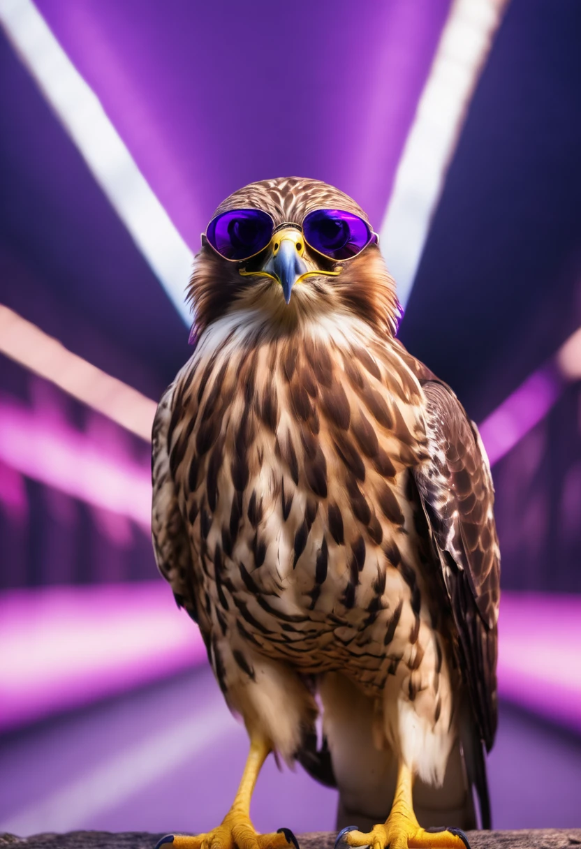 Strong and busty female hawk bird wearing sunglasses pointing finger at camera, image with purple lighting