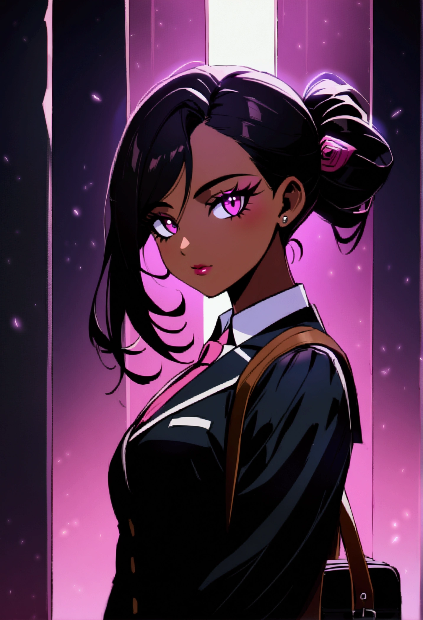 1 girl, Sombra from overwatch, (dark skinned:1.2), school girl, school class background, modern anime style, facing the viewer, upper body 