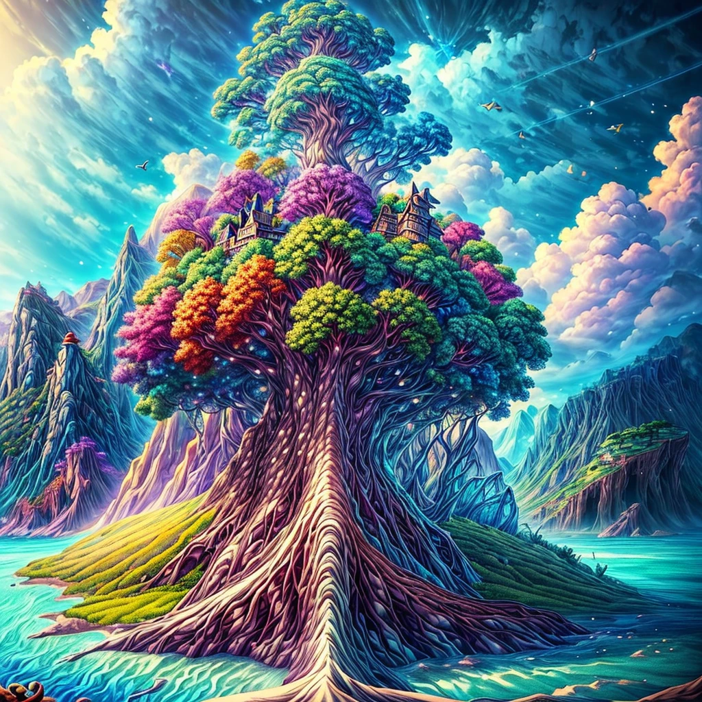 masterpiece, best quality, extremely detailed CG unity 8k wallpaper, Fantasy digital art of a mysterious island, Rainbow colored birds fly in the sky, An island surrounded by golden seas, wood々It is overgrown with、A donut-themed island, House of candy, A very fun island, Landscape painting
