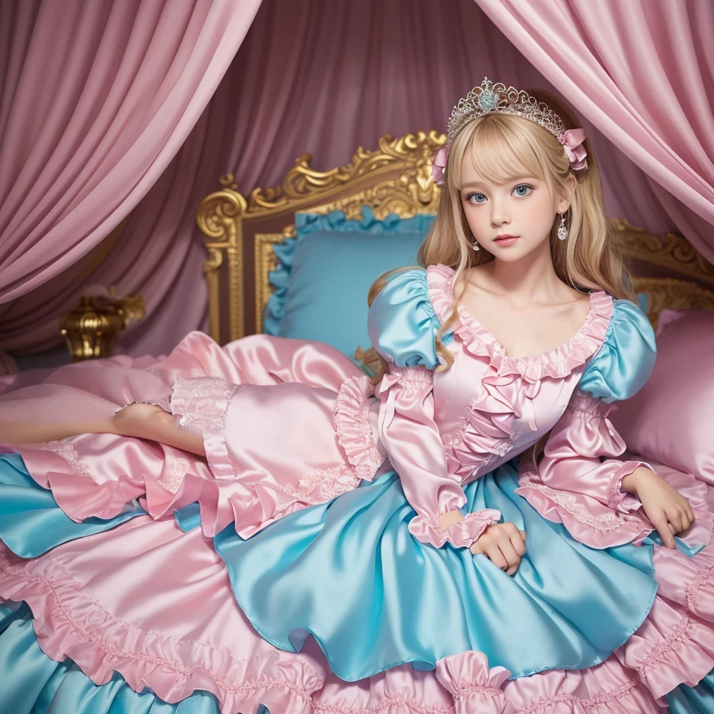 Blonde haired girl in pink and blue dress lying on bed, A lovely and sloppy princess, Rococo Queen, anime Barbie Doll, Magical Lolita Girl Portrait, Belle Delphine, portrait of Barbie Doll, Anime Princess, sleeping beauty fairytale, Rococo Dress, Portrait of a Princess, In a dress, Blonde Princess, Ball jointed doll, Barbie Doll