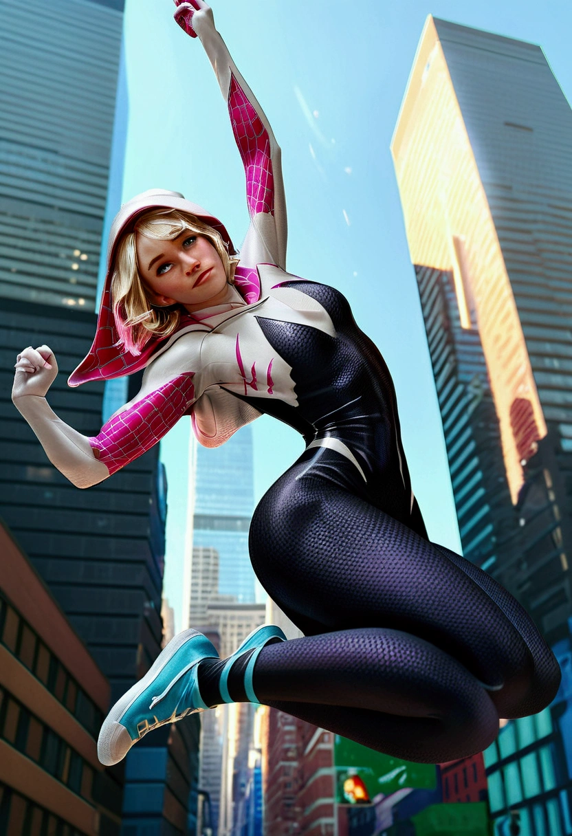 A realistic, spider-gwen, gwen stacy, hyperrealistic Spidergwen with athletic muscle, textured saturated white and black and pink trage, swinging through the city, (best quality,4k,8k,highres,masterpiece:1.2),ultra-detailed,(realistic,photorealistic,photo-realistic:1.37),professional,vivid colors,bokeh