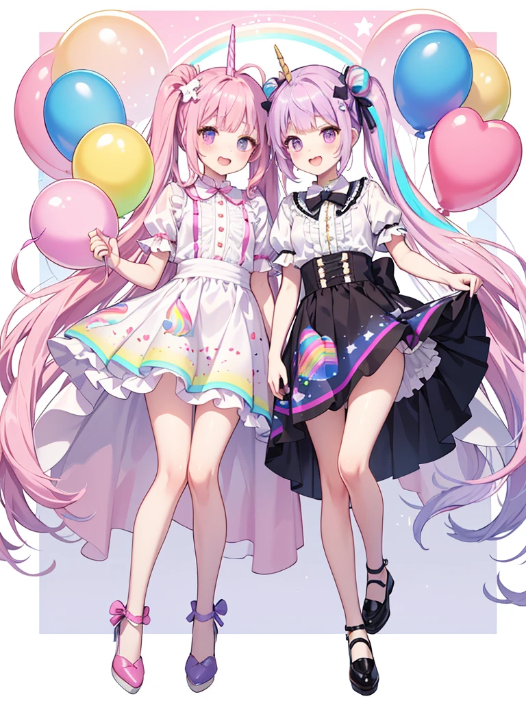 (whole body, legs and shoes visible: 1.2)) Expressive eyes, One girl, Pale skin, Long Hair, Windblown Hair, ((absurdly Long Hair)), Long Side Lock, Princess bangs, Hair bangs, Hair Bun, ((Very long twin tails)), Rainbow Hair, Light pink hair, blush, full face blush, big sparkling Pastel Purple eyes, (Gradient Eye), Laughing with your mouth open, cute pose, ((Holding a balloon : 1.3)) ((cute and pastel fashion)) ((🦄🎠🎈🎉 theme : 1.4)) A loose pastel dress, ((Dreamy multi-colored open dress)), (Floating ribbon), Lavender Frill, Pink frills, (Light blue lace), Removable short sleeves, Fluffy skirt, ((Rainbow and star printed skirt : 1.3)), Lolita Skirt, Purple ribbon, ((pom pom ribbon hair ornament : 1.4)), Multiple Bows, Striped lace stockings, (heart型のレッグガーター), cute (Pastel Purple) shoes ((Ultra-detailed clothing and fashion)) I&#39;m watching you, Vintage Girl, blush, (Beautiful attention to detail), (Highly detailed CG Unity 8k wallpaper) (Best Shadow), ((Very delicate and beautiful)), (Detailed light), ((Depth of written boundary)) Big Head, Big, bright eyes, Moe, Splash Art, Cinema Lighting, Front view, volumetric lighting maximalist photo illustration k resolution high resolution intricate detailed complex key visuals precise linear ((Dreamy pastel sky background, Surrounded by sunset clouds, shooting star, Castle above the clouds)) ((Ultra-detailed landscapes, Foggy clouds, Hung by balloons, heart : 1.3))