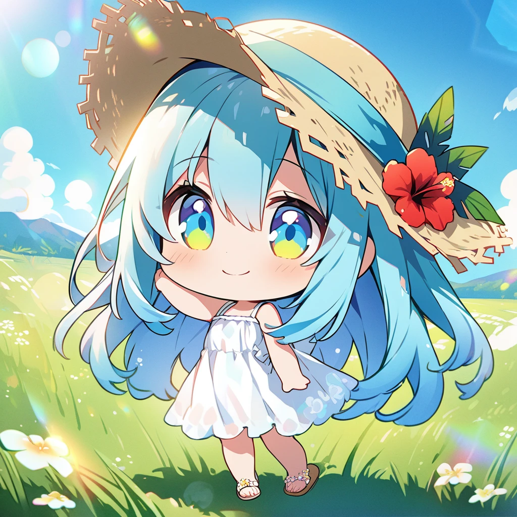 masterpiece, best quality, 4k、2D illustration, one beautiful girl, solo、(((chibi style)))、((vivid colors))、cute chibi, lovely chibi、((colorful))、((long beautiful hair)), glossy light blue hair, hair between eyes, cute, beautifully detailed eyes、((white summer dress))、((straw hat))、hibiscus hair ornament, flip-flops, ((happy smile))、((full body shot))、((summer grasslands))、((gentle breeze))、((blue sky))、sunbeam, white light, ((lens flare)), ((high color saturation)), 