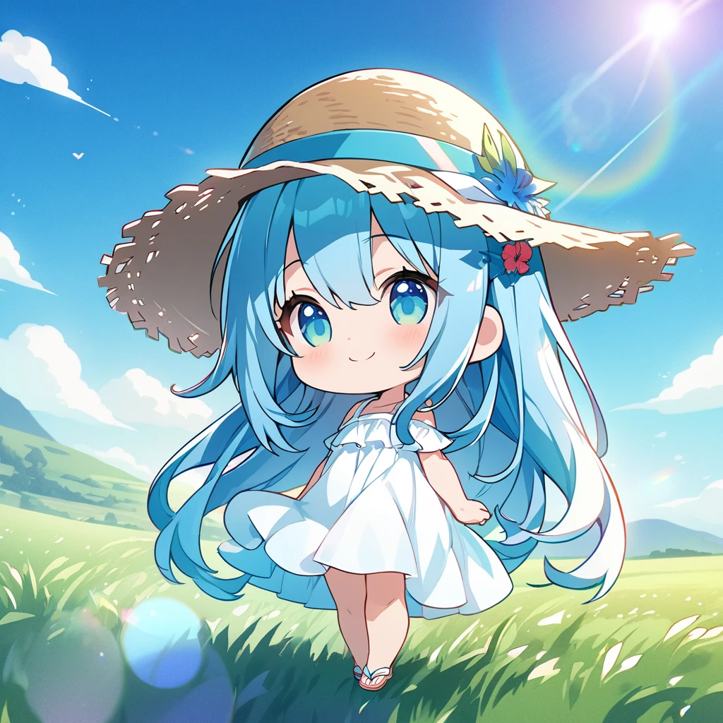 masterpiece, best quality, 4k、2D illustration, one beautiful girl, solo、(((chibi style)))、((vivid colors))、cute chibi, lovely chibi、((colorful))、((long beautiful hair)), glossy light blue hair, hair between eyes, cute, beautifully detailed eyes、((white summer dress))、((straw hat))、hibiscus hair ornament, flip-flops, ((happy smile))、((full body shot))、((summer grasslands))、((gentle breeze))、((blue sky))、sunbeam, white light, ((lens flare)), ((high color saturation)), 