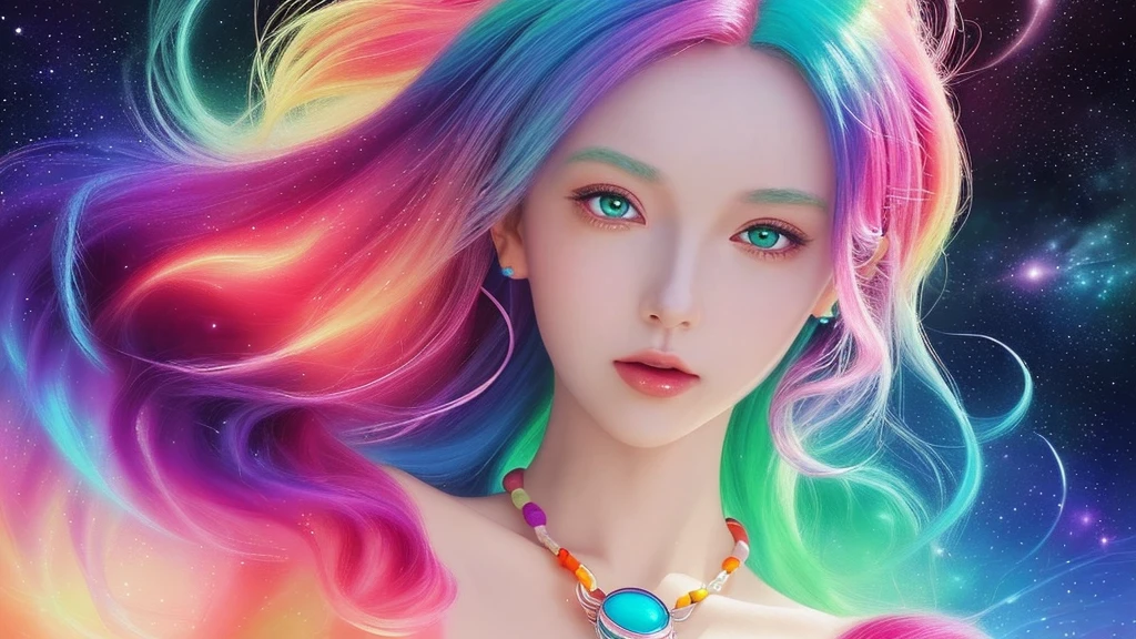 Close-up of a woman with colorful hair and necklace, Anime girl with space-like hair, Ross paints a soft, lively picture, Gvez-style artwork, Fantasy art style, colorful], Vivid fantasy style, Ross draws vibrant cartoons, cosmic and colorful, Gwaiz, colorful digital fantasy art, Great art style, Beautiful anime style, Shiny Hair