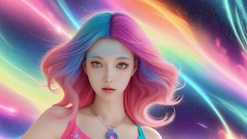 Close-up of a woman with colorful hair and necklace, Anime girl with space-like hair, Ross paints a soft, lively picture, Gvez-style artwork, Fantasy art style, colorful], Vivid fantasy style, Ross draws vibrant cartoons, cosmic and colorful, Gwaiz, colorful digital fantasy art, Great art style, Beautiful anime style, Shiny Hair