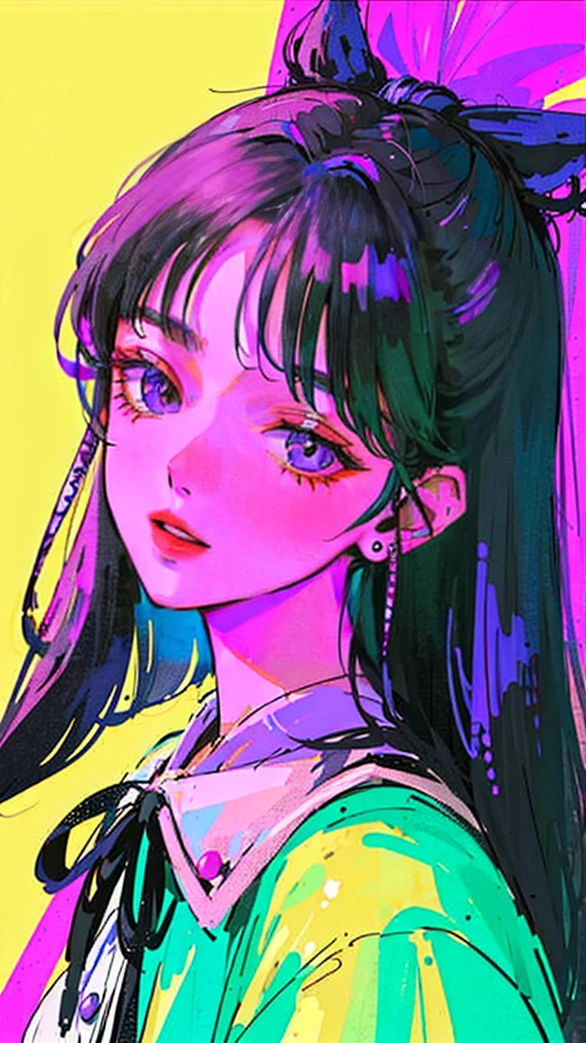 (Portraiture:1.4), (masterpiece:1.2, Highest quality:1.2), From above, Upper Body, One girl, look up, Face Focus, Highly detailed face, Very fine grain, good looking, compensate, purple wolf cut hair, ribbon hairpiece, round eyes, smiles, Fashion Wear, Earrings,