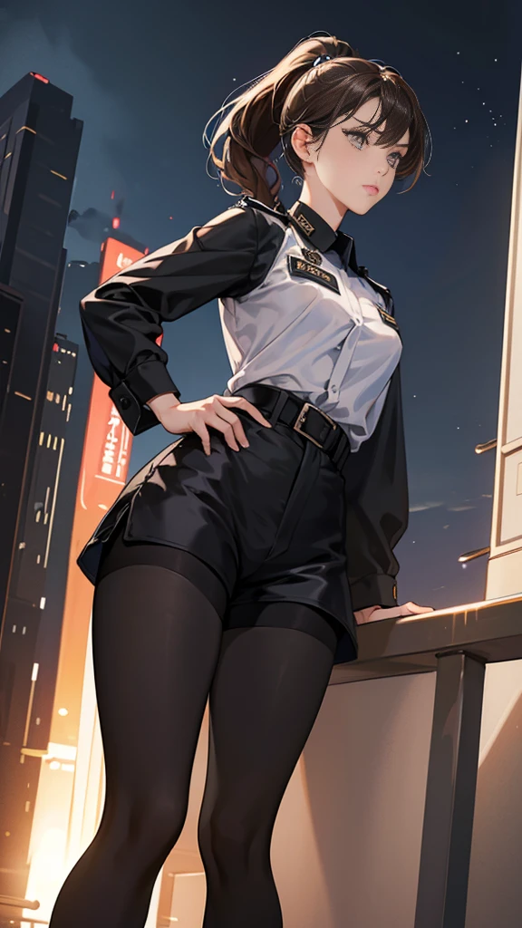 {{masterpiece}}, {{{best quality}}},{{ultra-detailed}}, {{illustration}},{{tall stature}},{{adult women}},((Black tights and shorts)),Small breasts,Slender,{{Hands on hips}},((Leggings with integrated shorts)), Female police officer　Cowboy Shot　Look Up　A strong expression　Brown hair ponytail　Place your hands on your knees　1 female,alone,　Downtown at night　long sleeve police uniform　Black pantyhose　View from below　Black Belt