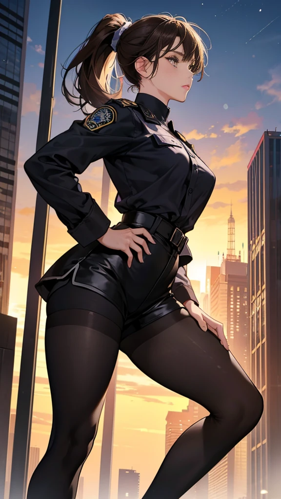 {{masterpiece}}, {{{best quality}}},{{ultra-detailed}}, {{illustration}},{{tall stature}},{{adult women}},((Black tights and shorts)),Small breasts,Slender,{{Hands on hips}},((Leggings with integrated shorts)), Female police officer　Brown hair ponytail　Place your hands on your knees　1 female,alone,　City of night　long sleeve police uniform　Black pantyhose　View from below　Black Belt