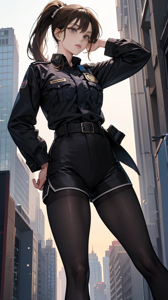 {{masterpiece}}, {{{best quality}}},{{ultra-detailed}}, {{illustration}},{{tall stature}},{{adult women}},((Black tights and shorts)),Small breasts,Slender,{{Hands on hips}},((Leggings with integrated shorts)), Female police officer Brown hair ponytail Place your hands on your knees 1 female,alone, City of night long sleeve police uniform Black pantyhose View from below Black Belt