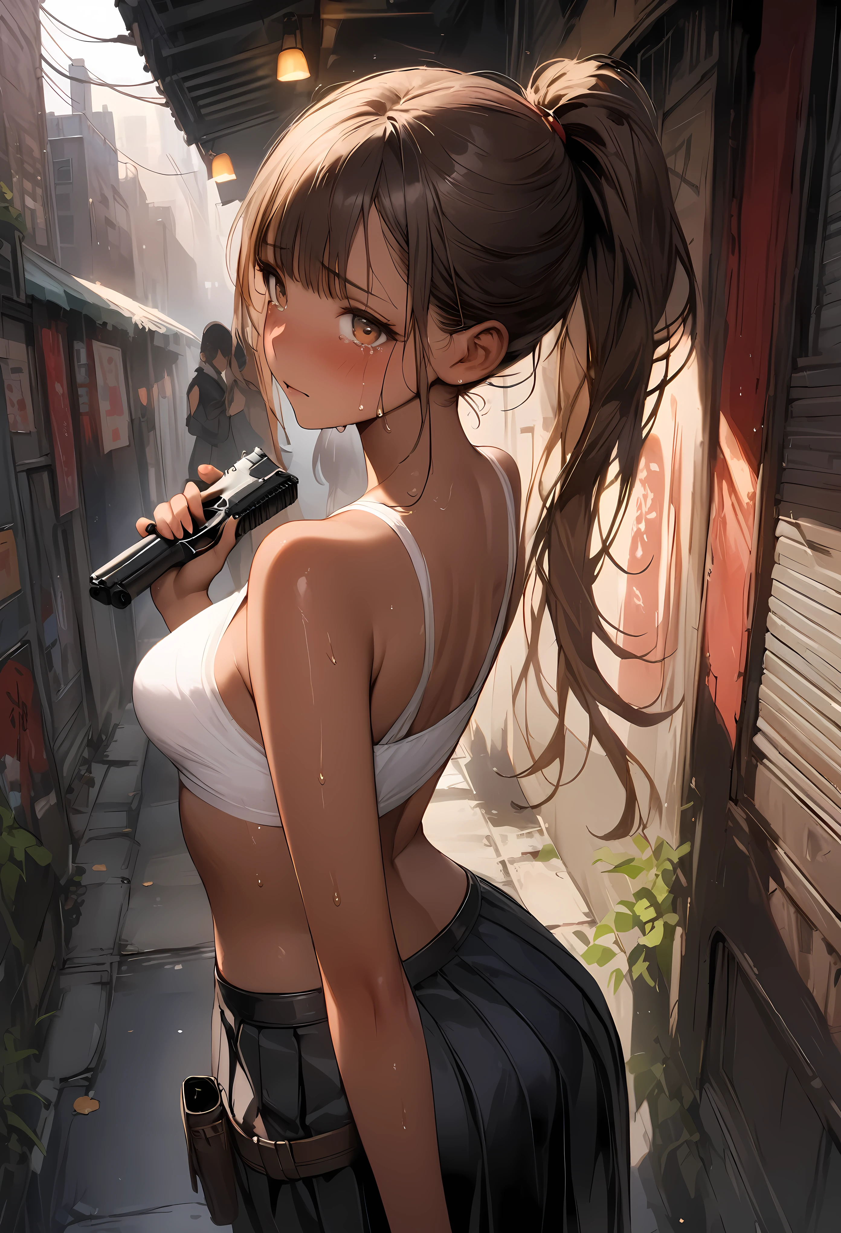 ((masterpiece,Highest quality:1.3,best quality illustration)),(realistic),cowboy shot,solo,1woman,25 year old beauty,brown hair,ponytail hair,long hair,bangs,brown eyes,(gorgeous big eyes),shy,tears,((very small head:1.3)),((very long body:1.2,skinny)),((tan skin:1.4)),medium breasts,Black leather double rider jacket、White tube top shirt、Black checkered pleated skirt、Leg holster、Holding a handgun in your hand,sweat:1.3,gleaming skin,slender body,Back Alley、New York City、nsfw,