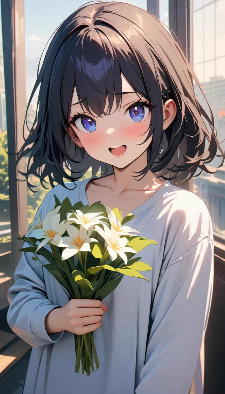 modern, Verism, masterpiece, textured skin, super detail, best quality, 4K ,One young girl,LOL,looks fun,Holding flowers