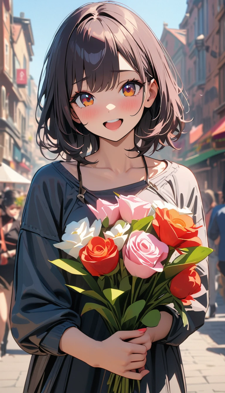 modern, Verism, masterpiece, textured skin, super detail, best quality, 4K ,One young girl,LOL,looks fun,Holding flowers