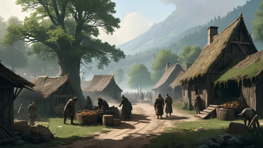 Create an image of a medieval village nestled in the heart of a dense, dark forest, experiencing a severe food crisis and hunger. The village, consisting of small, thatched-roof cottages and simple wooden structures, appears weathered and worn. The forest around it is imposing, with tall, ancient trees casting long shadows over the scene, adding to the sense of isolation and struggle.

Villagers, dressed in tattered clothing, move slowly and wearily through the muddy streets, their faces gaunt and eyes filled with desperation. A few empty market stalls stand abandoned, with only a handful of withered vegetables and scraps remaining. Smoke rises weakly from a few chimneys, indicating meager fires struggling to provide warmth.

Children, frail and listless, huddle together for warmth, while elders and adults gather around a central fire pit, discussing their dire situation with worried expressions. The forest looms ominously at the village's edge, its dark interior hinting at both potential danger and untapped resources.

Animals, once abundant, are now scarce, and the fields surrounding the village lie fallow, plagued by blight and neglect. A sense of quiet despair pervades the air, as the villagers grapple with the harsh reality of their dwindling food supplies and the threat of starvation.

This image captures the harsh and somber reality of a medieval village in the midst of a food crisis, highlighting themes of survival, community struggle, and the relentless challenges posed by nature in a dark medieval fantasy setting.